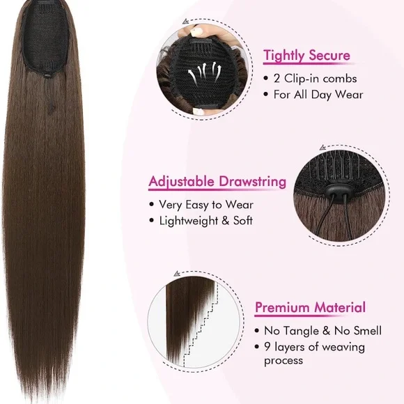 36 Inch-180 Gram Ponytail Extension, Straight Drawstring Ponytail Hair Extension - Picture 4 of 7